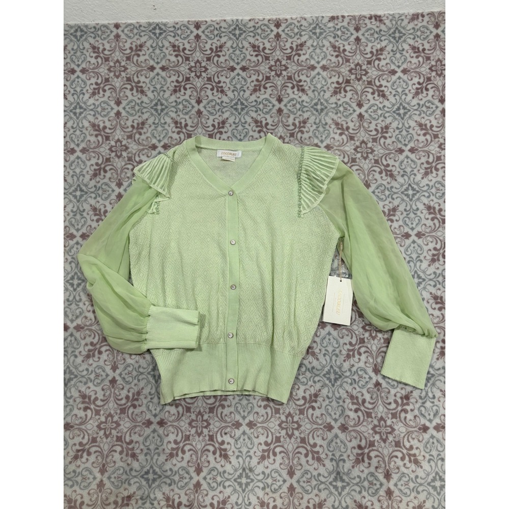 Cocobleu New York Mint Green Sheer Sleeve Pearl Trim Cardigan Sweater XL NWT
